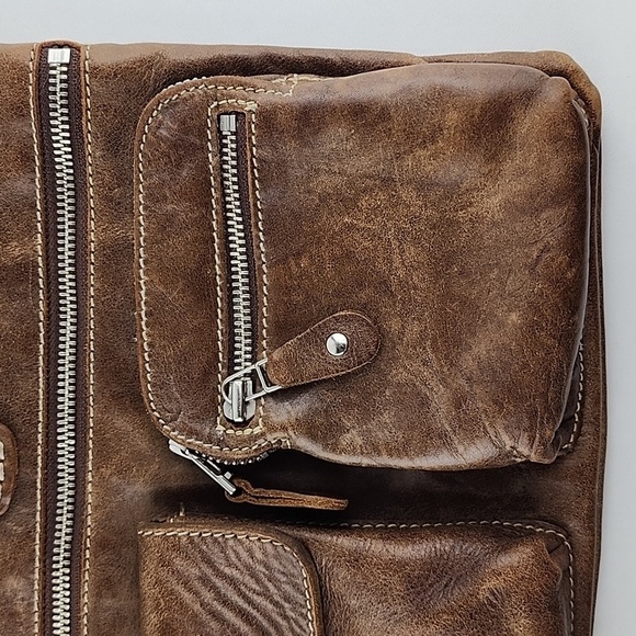 ROOTS Tan Leather Vintage Crossbody Bag Purse Multi Pockets Adjustable Strap - Picture 5 of 16